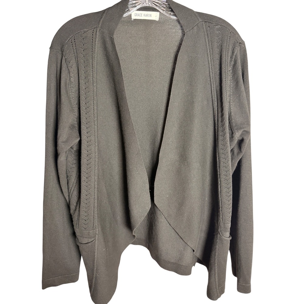 Grace Karin Cardigan Womens Large Black Viscose Blend Draped‎ Open Front Knit